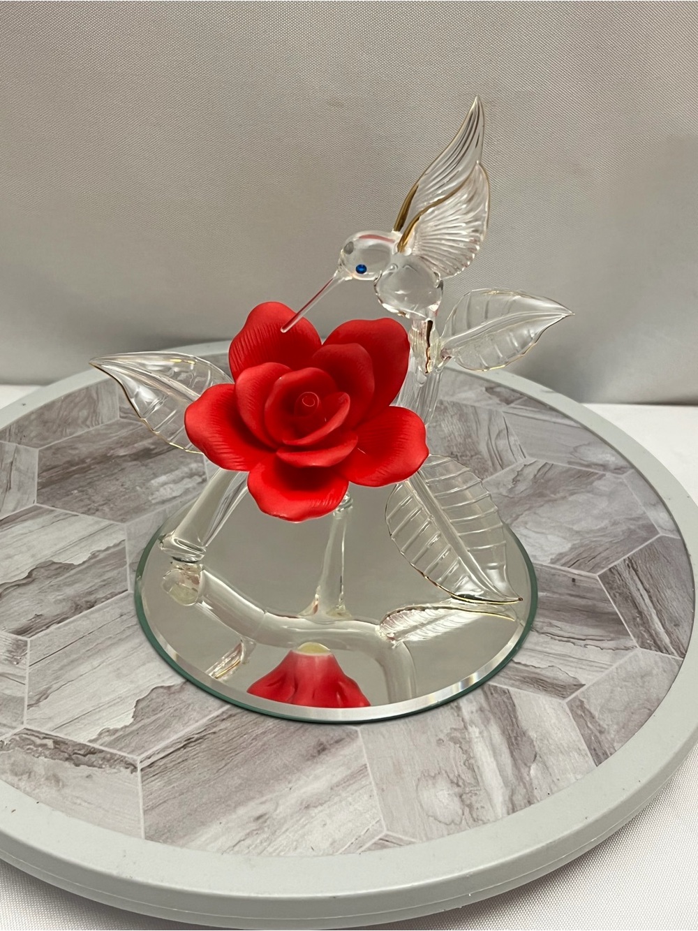 Glass Baron Hummingbird Red Rose Figurine Hand Crafted USA 1998 Crystal Art